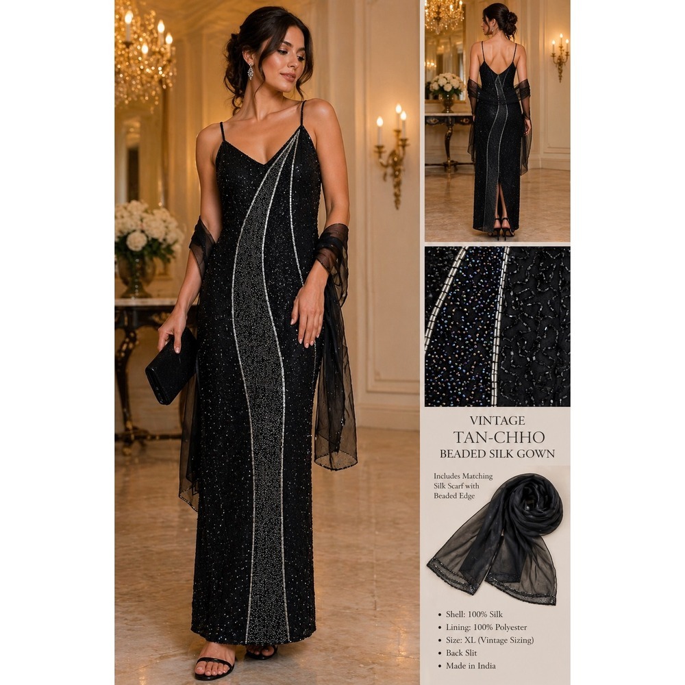 Vintage Beaded Silk Gown Size L Black With Scarf Evening Formal Elegant
